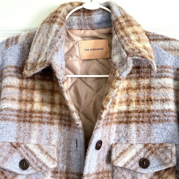THE ANDAMANE Evita Wool Blend Check Plaid Shirt Jacket in Blue Multi Size XS - Picture 2 of 8